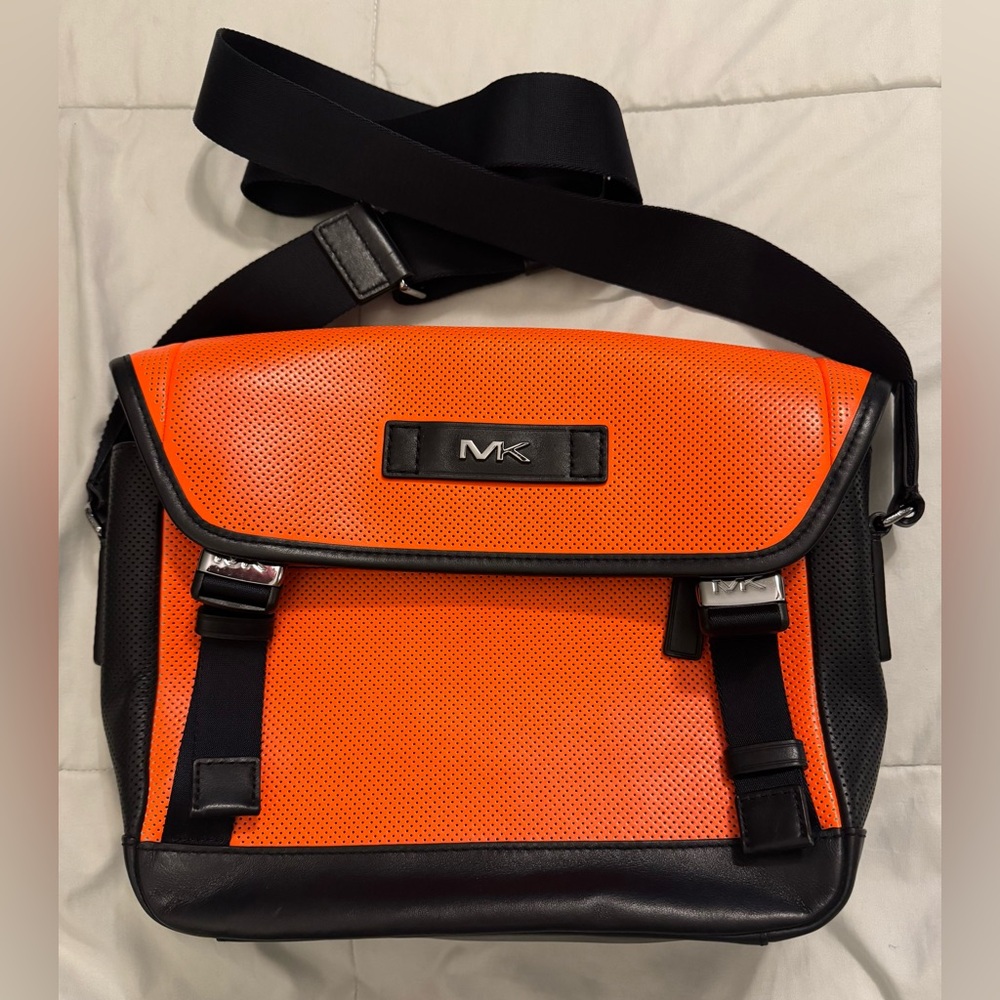 Michael Kors Neon Orange and Black Leather Cooper Messenger Bag